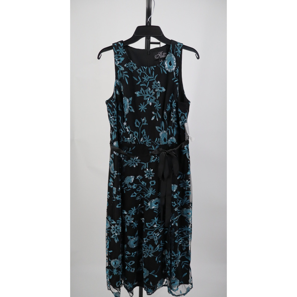 NEW Alex Evenings Midi Dress Teal Black Sequin Floral Tulle Embroidered 14 - Picture 2 of 5